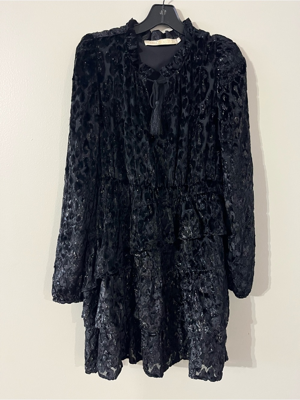 Marie Oliver Black Tiered Velvet Midi Dress Boho Romantic Whimsical Sz S